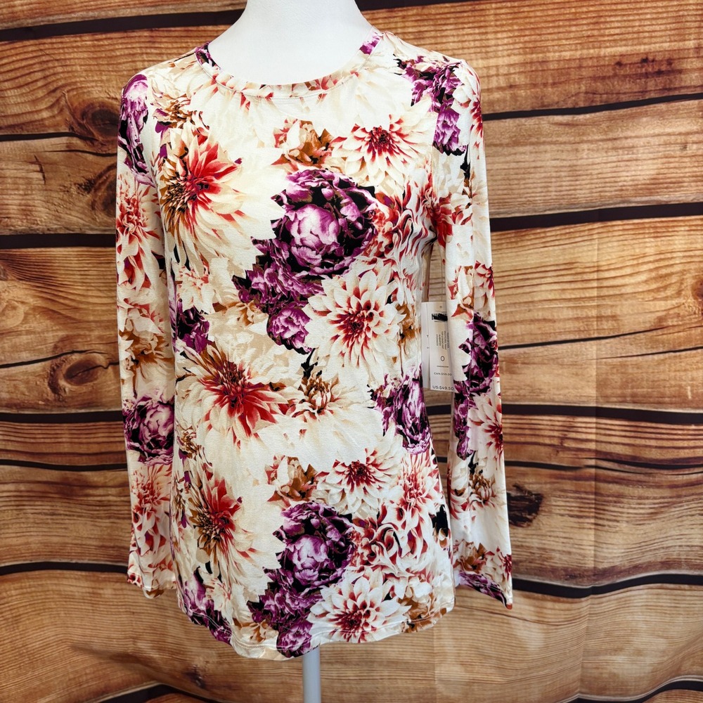 Chicos Womens Bold Floral Print Scoop Neck Long Sleeve Top Size S NWT